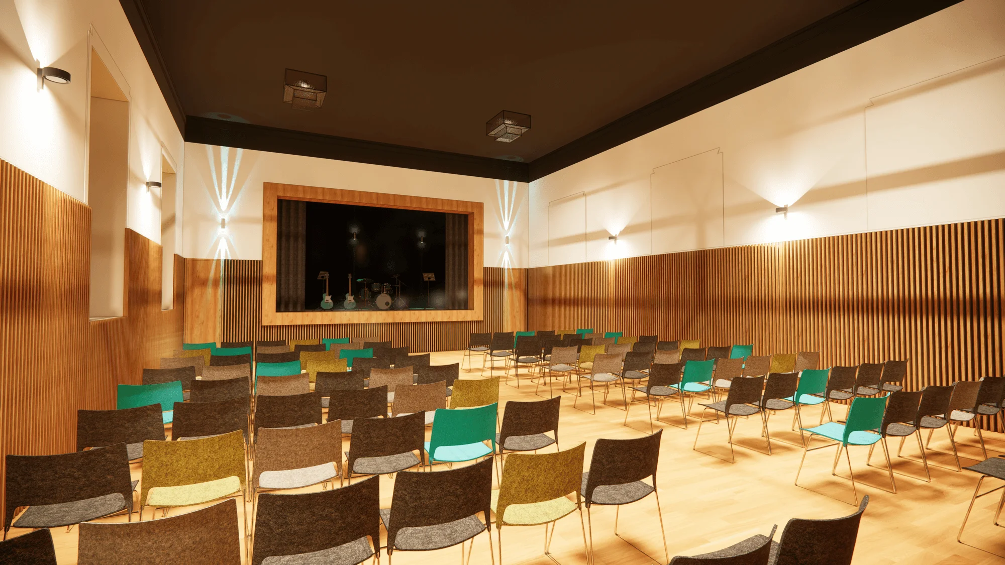 an image showing the layout of the townhall with rows of chairs facing a music band setup