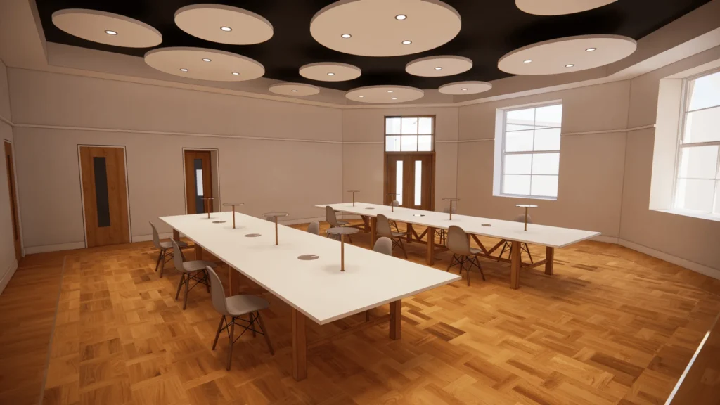 image of two long tables within the town hall